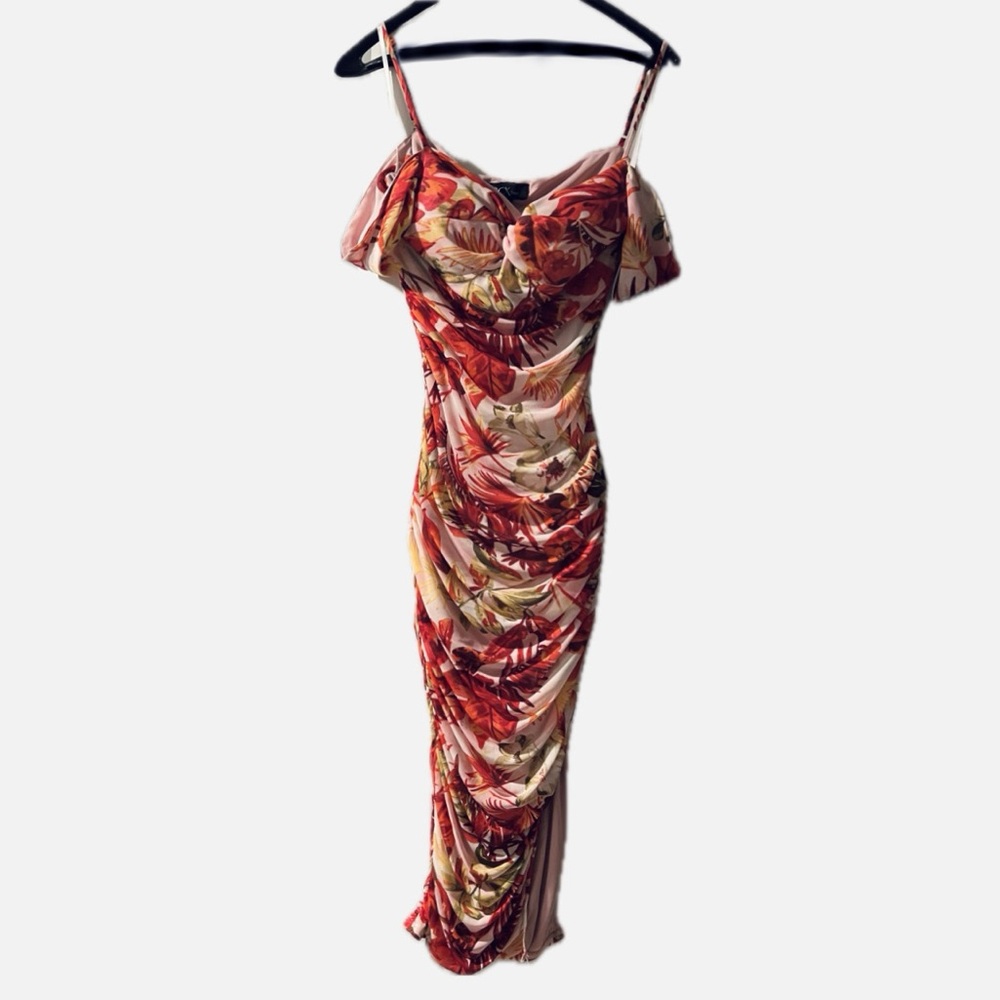 Floral Mesh Ruched Asymmetric Midi Dress